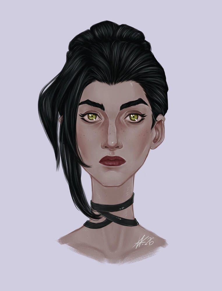 alternate look of jinx in arcane style - black hair, green eyes